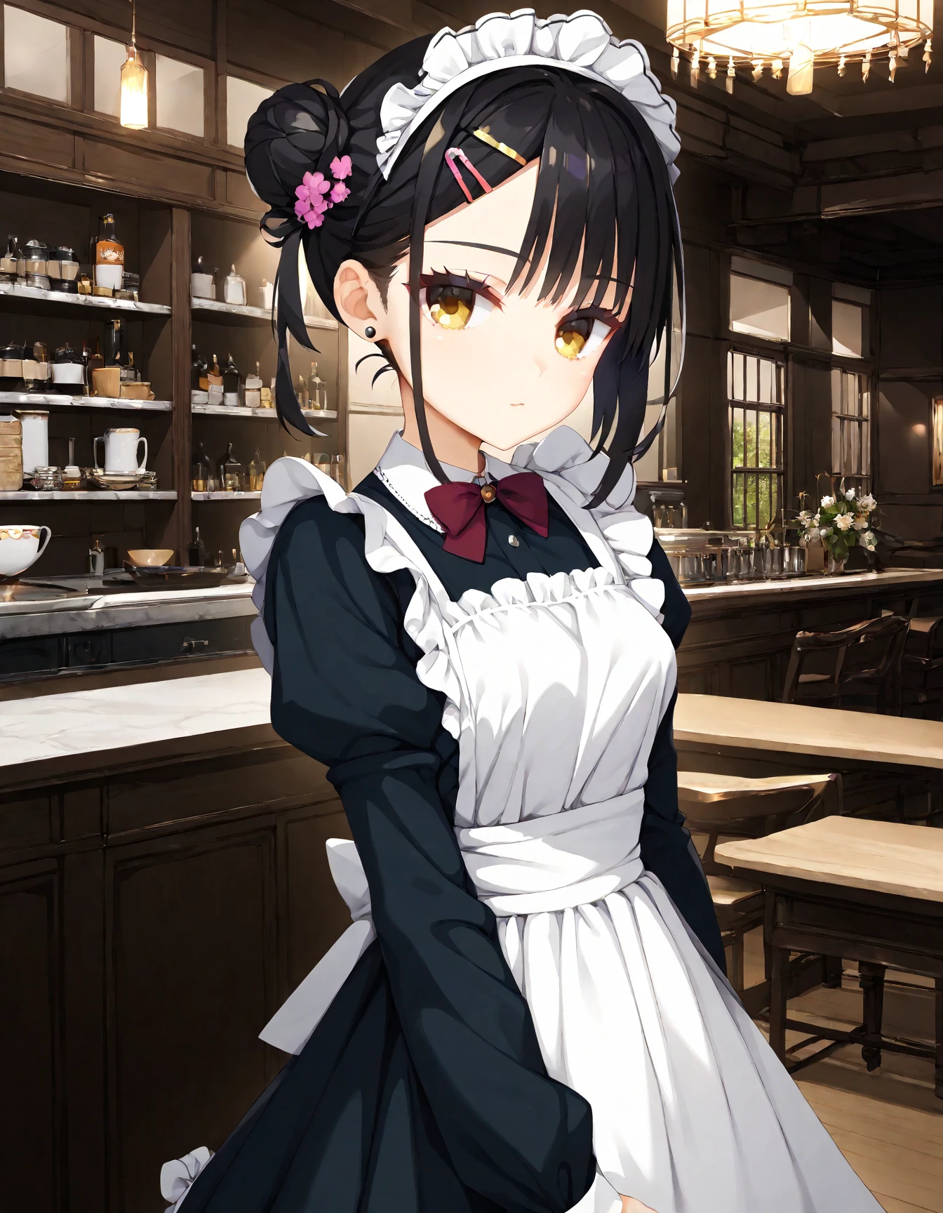 (score_9,score_8_up,score_7_up),source_anime,best quality,masterpiece,
yuzusoft_late, 1girl, stud_earrings, solo, black_hair, indoors, maid_apron, yellow_eyes, long_sleeves, bow, white_apron, hairclip, frilled_apron, maid_headdress, hair_bun, sing_hair_bun, sidelocks, looking_at_viewer, hair_flower, eyelashes, black_dress, standing, medium_hair, bangs,