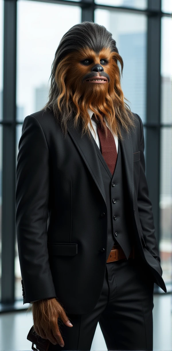 a full body chewbacca wears a suit and tie. His hairs are attached as a manbun attached up . He stands in a modern city. His hands and fingers are dark and furry <lora:Chewbacca:0.8>