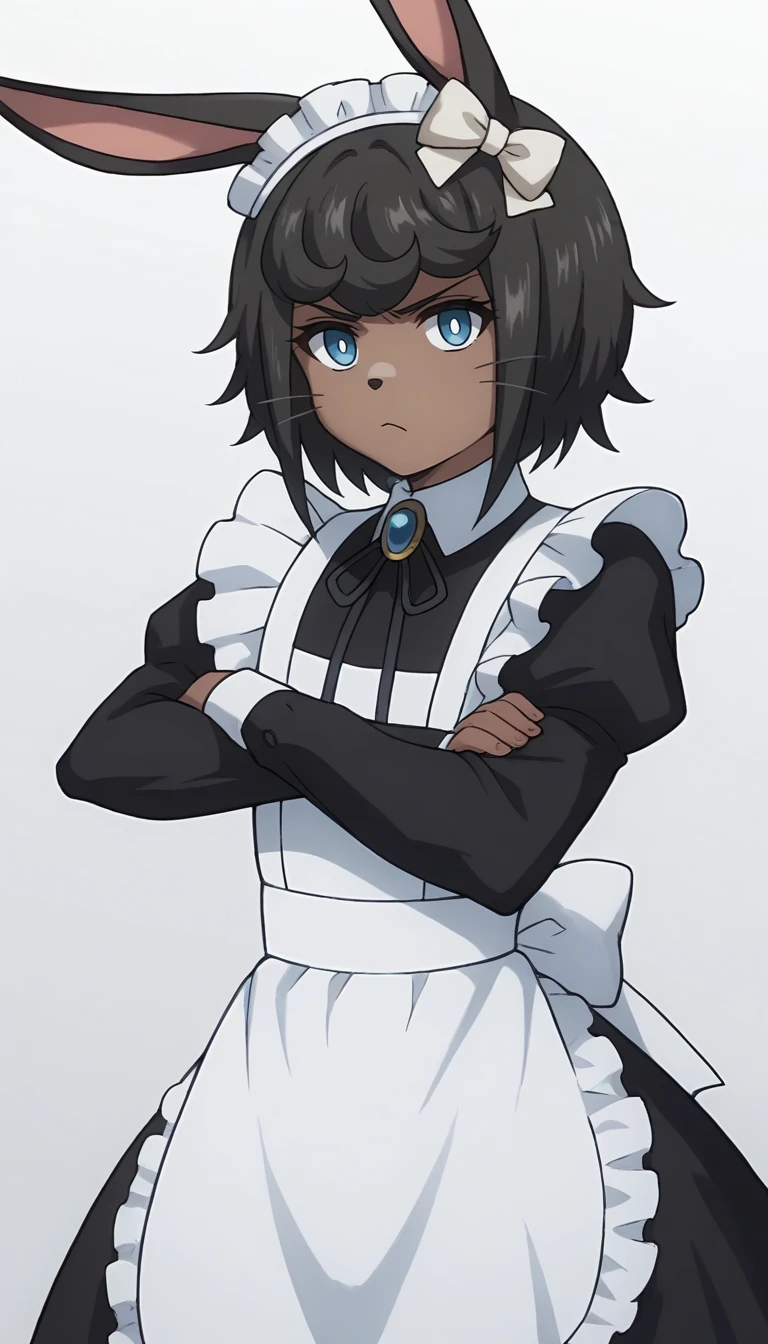 score_9, score_8_up, score_7_up, source_anime, 1boy, solo, crossdressing, dark hair, bangs, blue eyes, white pupils, dark skin, rabbit ears, medium hair, whiskers, animal nose, closed mouth, angry, arms crossed, maid, maid headdress, frills, long sleeves, white apron, long black dress, hair bow, white bow, brooch, neck ribbon, white pantyhose, black footwear, standing, looking at viewer, dutch angle, upper body, simple background, white background, <lora:Headhunter_Overlord_PonyXL:0.8>, Headhunter \(overlord)\,