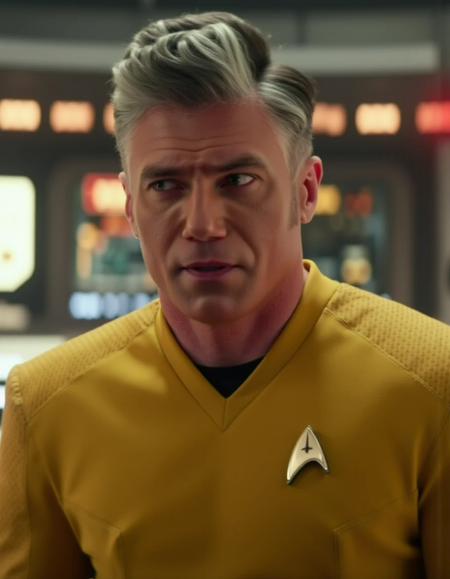 cinematic film still cinematic photo breathtaking  <lora:pike-flux:1.3>  captain, , christopher, pike, star, trek, strange, new, worlds, man  4K resolution, Starfleet uniform yellow tshirt uniform, confident gaze, futuristic background, space-themed imagery