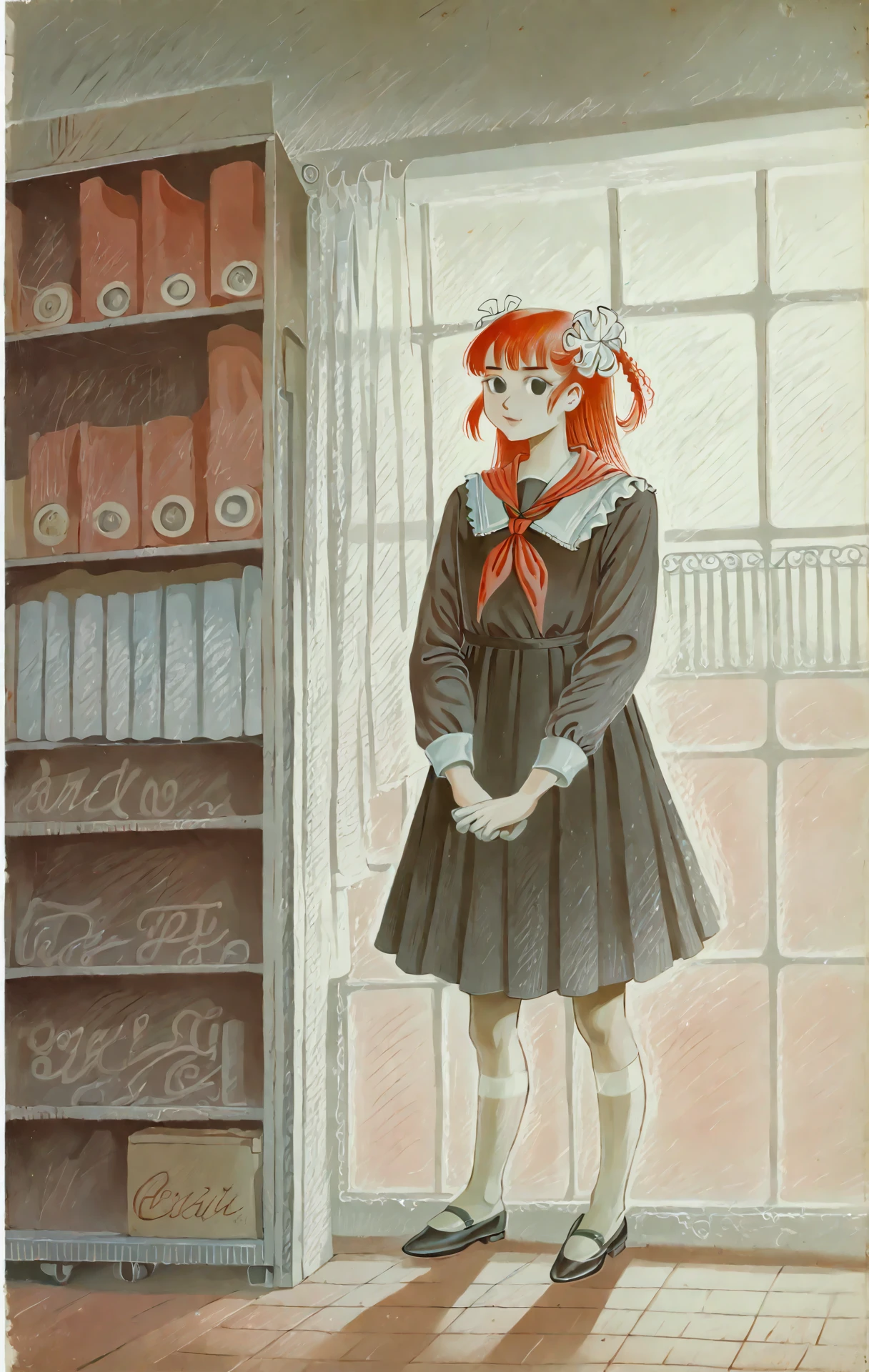 <lora:eric-ravilious_pony_v1:1> ' robogirl ' by Ravilious Eric  in 1930, interior \(genre\), Magic Realism \(style\), general,traditional media, <lora:Soviet_Schoolgirl_Uniform:1> frilled, soviet, schoolgirl, uniform, scrunchie, red, neckerchief, score_9, score_6_up, score_7_up