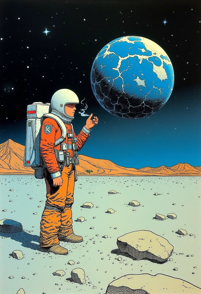 Moebiusstyle, an astronaut with no helmet smoking on the moon with earth in the background