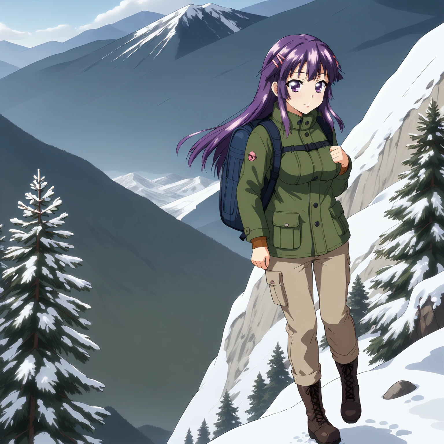 <lora:CcKN_ChizuruShiinaXLpony001>,
solo,
ChizuruShiina,1girl,purple hair,long hair,hairclip,purple eyes,
large breasts,
winter_clothes,duffel_coat,cargo_pants,boots,climbing backpack,
outdoors,nature,mountain,sky,
standing,