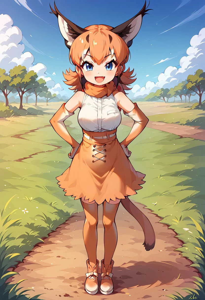 1girl, ((solo)), best quality, ultra-detailed, extremely detailed, perfect anatomy, masterpiece, score_9, score_8_up, score_7_up, caracal (kemono friends), animal ears, animal ear fluff, orange hair, tail, blue eyes, long hair, multicolored hair, white shirt, sleeveless shirt, orange skirt, skirt, orange bowtie, elbow gloves, bare shoulders, thighhighs, shoes, standing, hands on hips, open mouth smile, cute look, confident look, looking at viewer, happy, African savanna background, posing, full body,