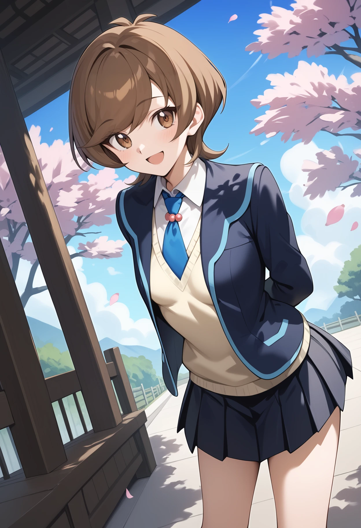 score_9, score_8_up, score_7_up, score_6_up, score_5_up, score_4_up, source_anime, aaaoi, short hair, brown hair, brown eyes, small breasts, school uniform, blue necktie, blazer, blue jacket, yellow sweater, long sleeves, pleated skirt, black skirt, <lora:zaizen_aoi_ponyxl_v1:0.9>, arms behind back, leaning forward, standing, outdoors, open mouth, cherry blossoms, smile, day,