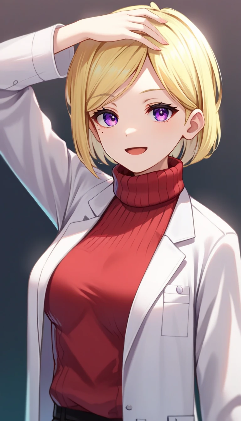 embedding:zPDXL2 ,source_anime,rating safe,looking at viewer,Yukari, 1girl, solo, lab coat, purple eyes, smile, sweater, mole, mole under eye, open mouth, long sleeves, open clothes, white coat, upper body, :d,red sweater, looking at viewer, turtleneck sweater, turtleneck, blonde hair, jacket, short hair, open jacket, cropped torso, breasts, arm up, medium breasts,
