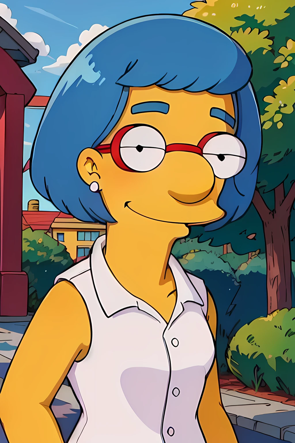 <lora:SC-TS_LuannVanHouten:1>, lu4nnvh, masterpiece, best quality, smile, closed mouth, 1girl, short hair, blue hair, earrings, the simpsons, yellow skin, 4 fingers, round eyes, round eyewear, dot pupils, black eyes, collared shirt, sleeveless shirt, upper body, outdoors, day