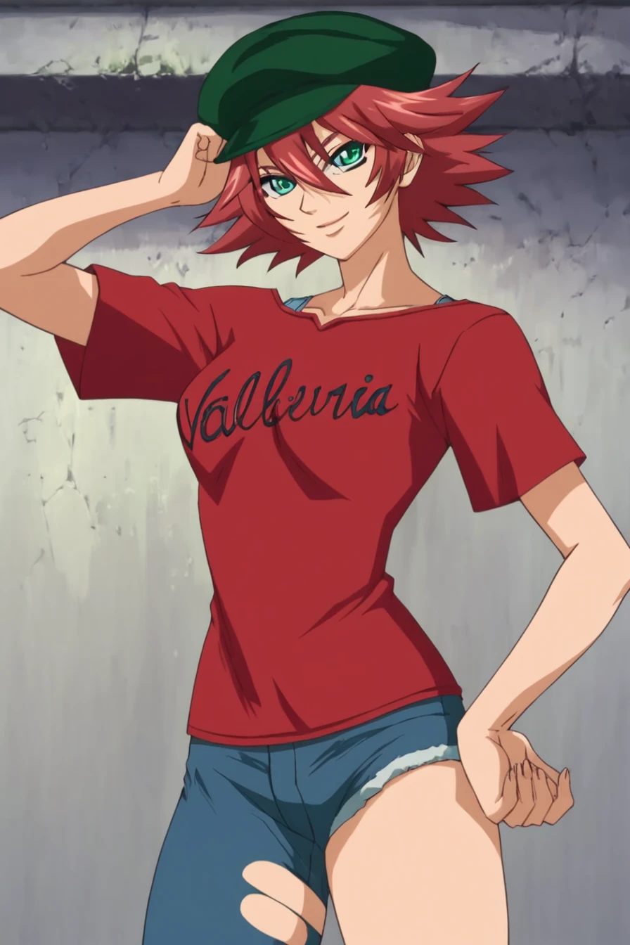 score_9, score_8_up, score_7_up, score_6_up, score_5_up, score_4_up, <lora:Nanjou_kisara_pony:0.9>, nanjou kisara, red hair, short hair, green eyes, green hat, red shirt, jeans, torn blue jeans, asymmetrical legwear, clothes writing, boots, 1girl, alone, looking at the viewer, masterpiece, highres, highly detailed face, highly detailed shining eyes, symmetrical highly detailed eyes, entire body, legs, simple background