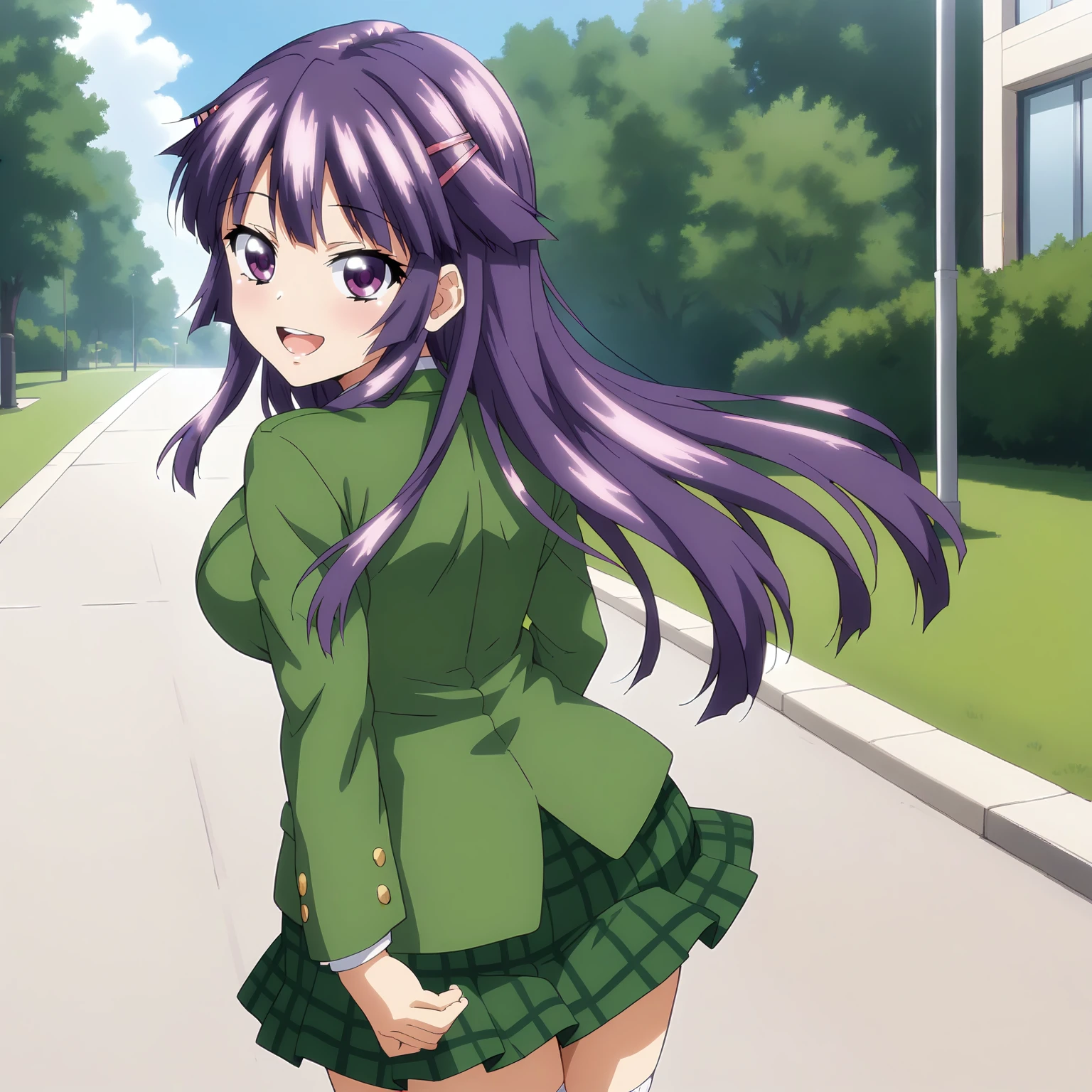 <lora:CcKN_ChizuruShiinaXLpony001>,
looking at viewer,smile,open mouth,
solo,
ChizuruShiina,1girl,purple hair,long hair,hairclip,purple eyes,
large breasts,
green jacket,
green skirt,plaid skirt,
socks,
outdoors,
standing,looking back,