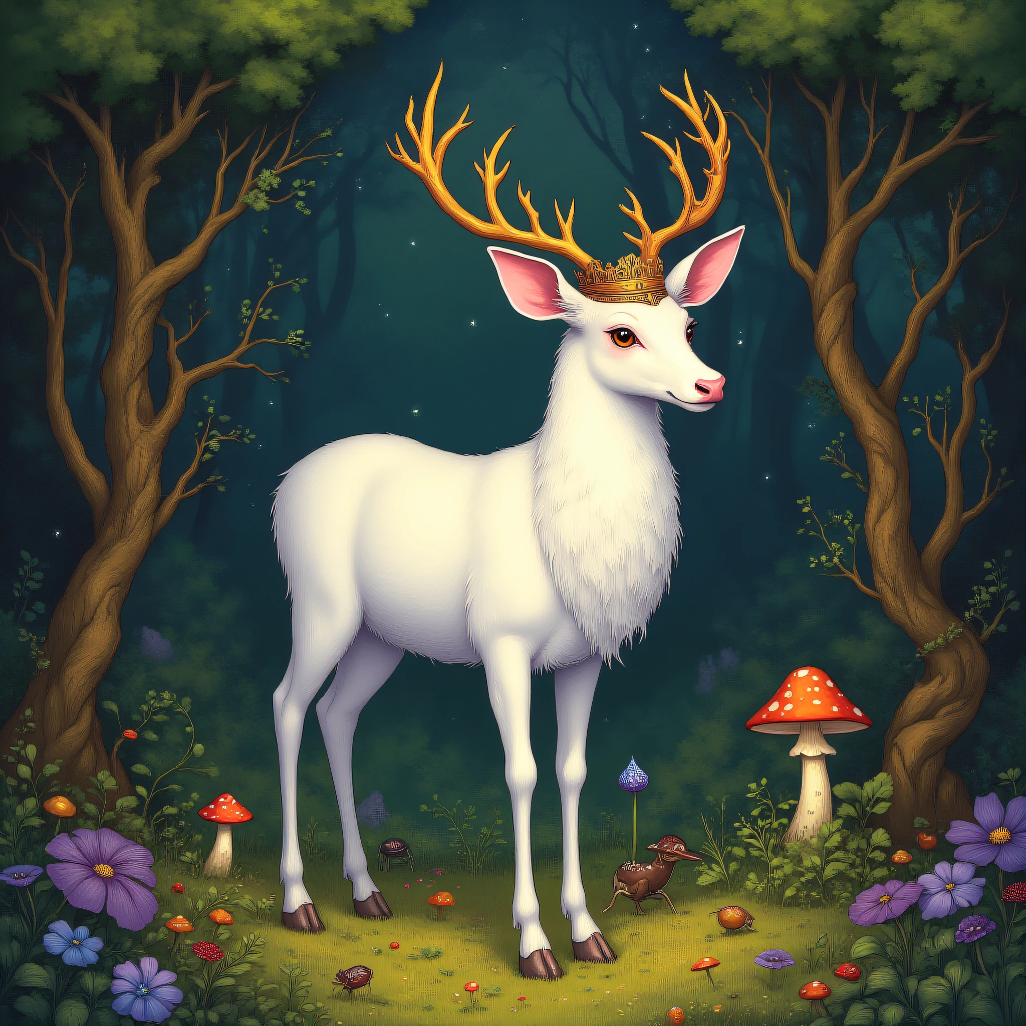 ArsMJStyle, Wonderland, The image shows a white deer with a crown on its head standing in the woods surrounded by trees plants and mushrooms. The deer is surrounded by a peaceful atmosphere with the trees providing a backdrop., no humans, mushroom, nature, forest, tree, brown eyes, deer, outdoors, gem, animal, solo, night, bug, crystal, grass