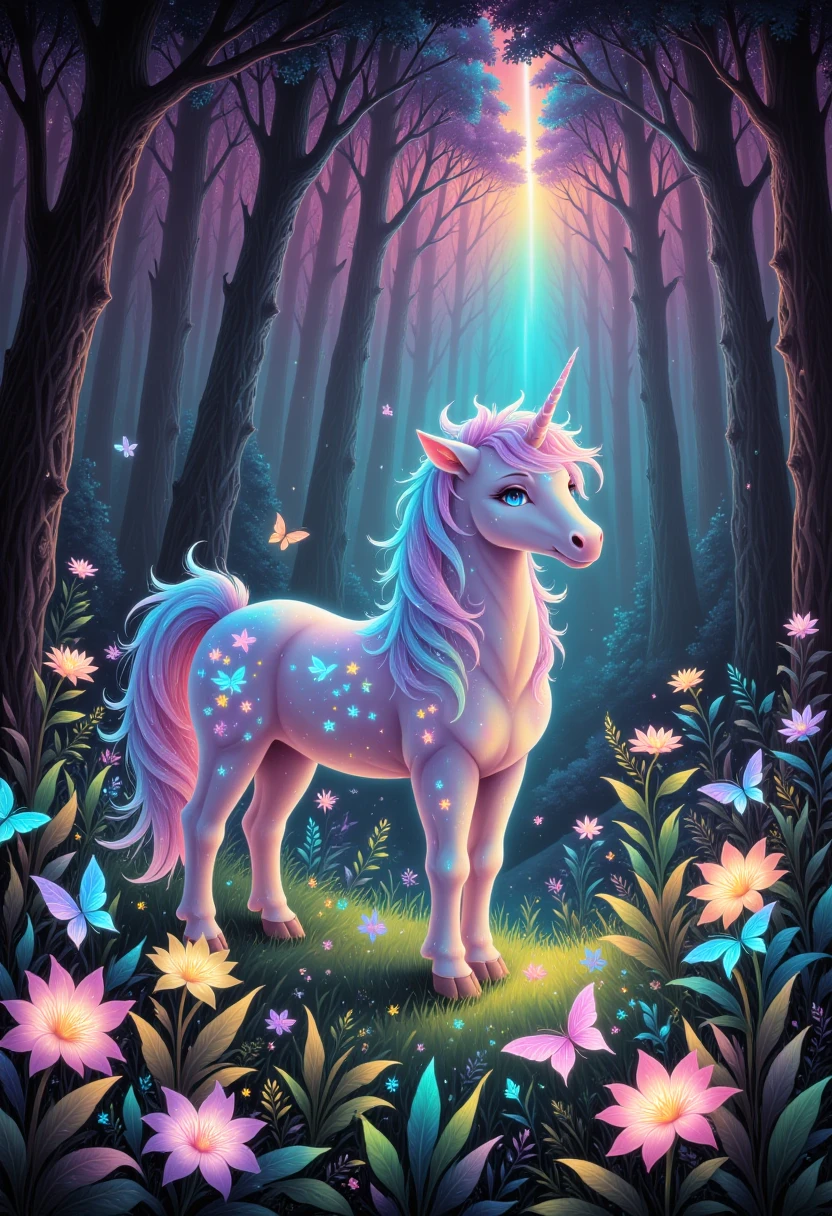 pastel iridescent colors, glowing, A hidden glade, where mythical creatures like unicorns and dragons roam free in a lush, vibrant environment