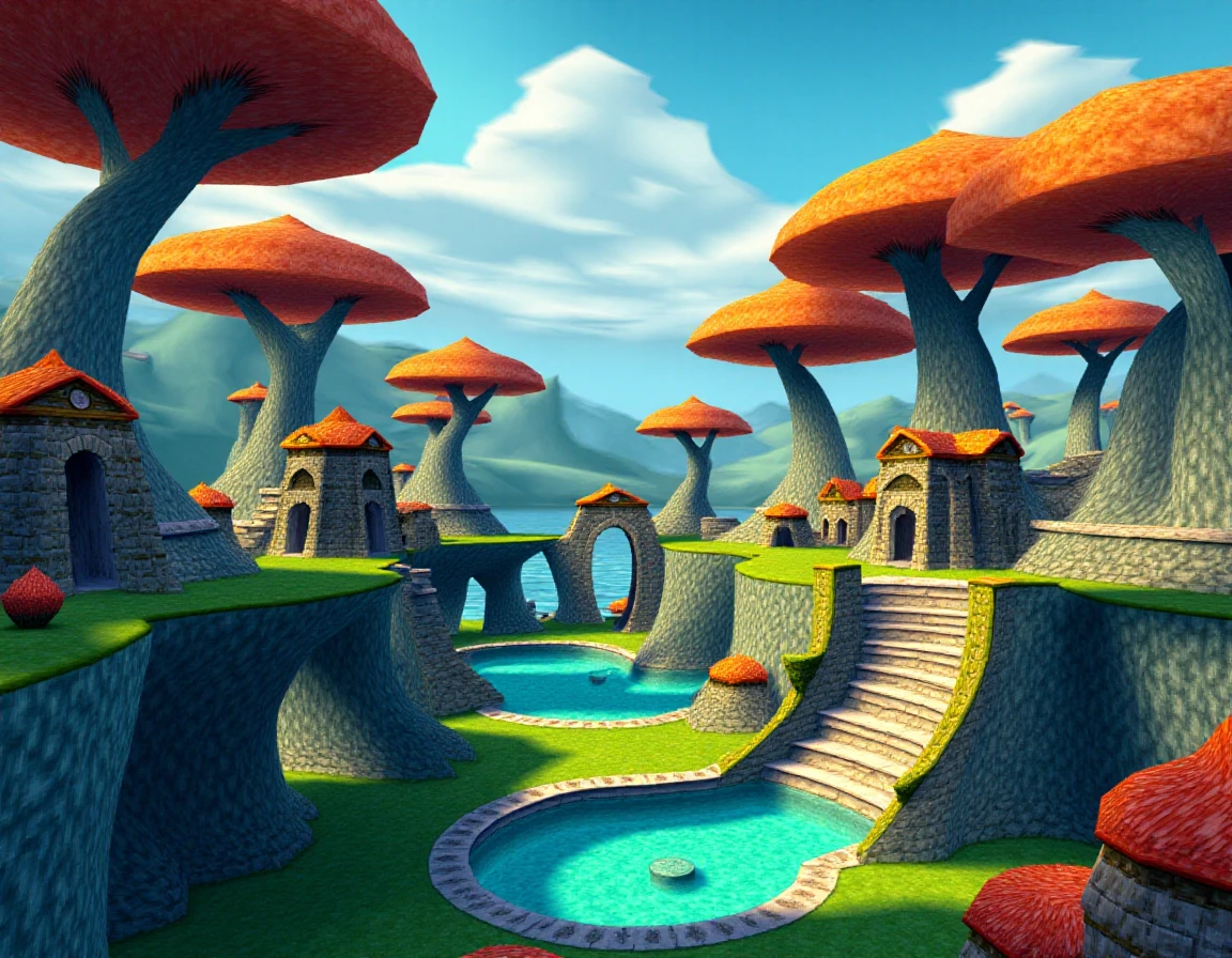 A Spyyyrouuu style world, the name of this world is: Fairywood Forest, scenery, outdoors, unique color sky, hills, architecture, trees, <lora:Spyro Worlds Flux_epoch_5:2.8>