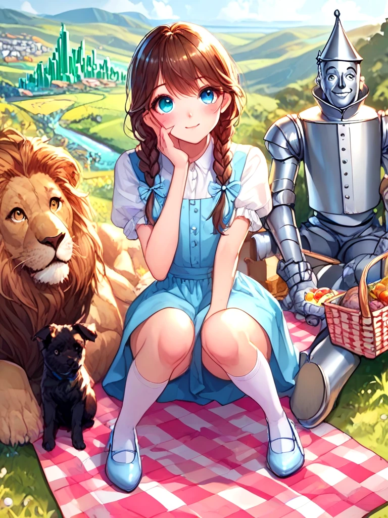 source_anime, oz, dorothy gale, brown hair, blue dress, miniskirt, silver shoes, cowardly lion, black toto, the scarecrow, tin man, looking at viewer, full body, upper body, close-up, emerald city in distance, picnic, hand on own face, <lora:girllikewizardofoz_pony:1>