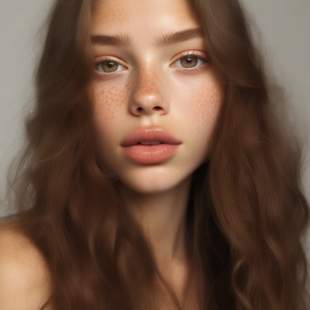 high quality image, lip gloss, lips, solo, pretty face, hazel eyes, long brown hair, freckles,