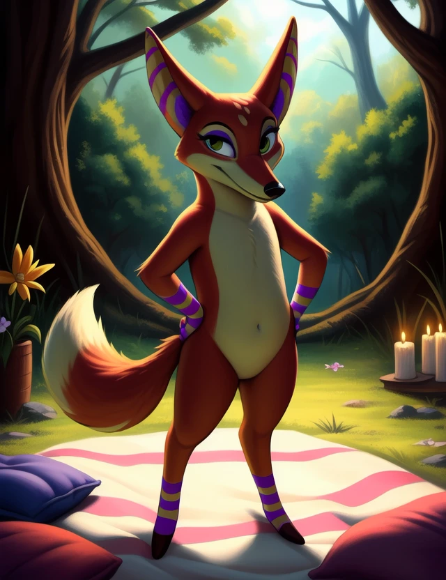 <lora:HueHueCaYif:1> HueHueCa, fox, purple eyelids, green eyes, tail, chibi,
Looks at the viewer, ((((Hands on hips, standing,)))) high-angle view
[ large window, (nature), forest, grass, day shining, clouds, flowers, blanket, blue pillows, candles, bed, pillows, ] (solo focus),
(beautiful, aesthetic, perfect, delicate, intricate, saturated colors), masterpiece, digital drawing, best quality,
[by personalami], by smitty g, [[[by Foxovh]]], [[by Ross Tran]]