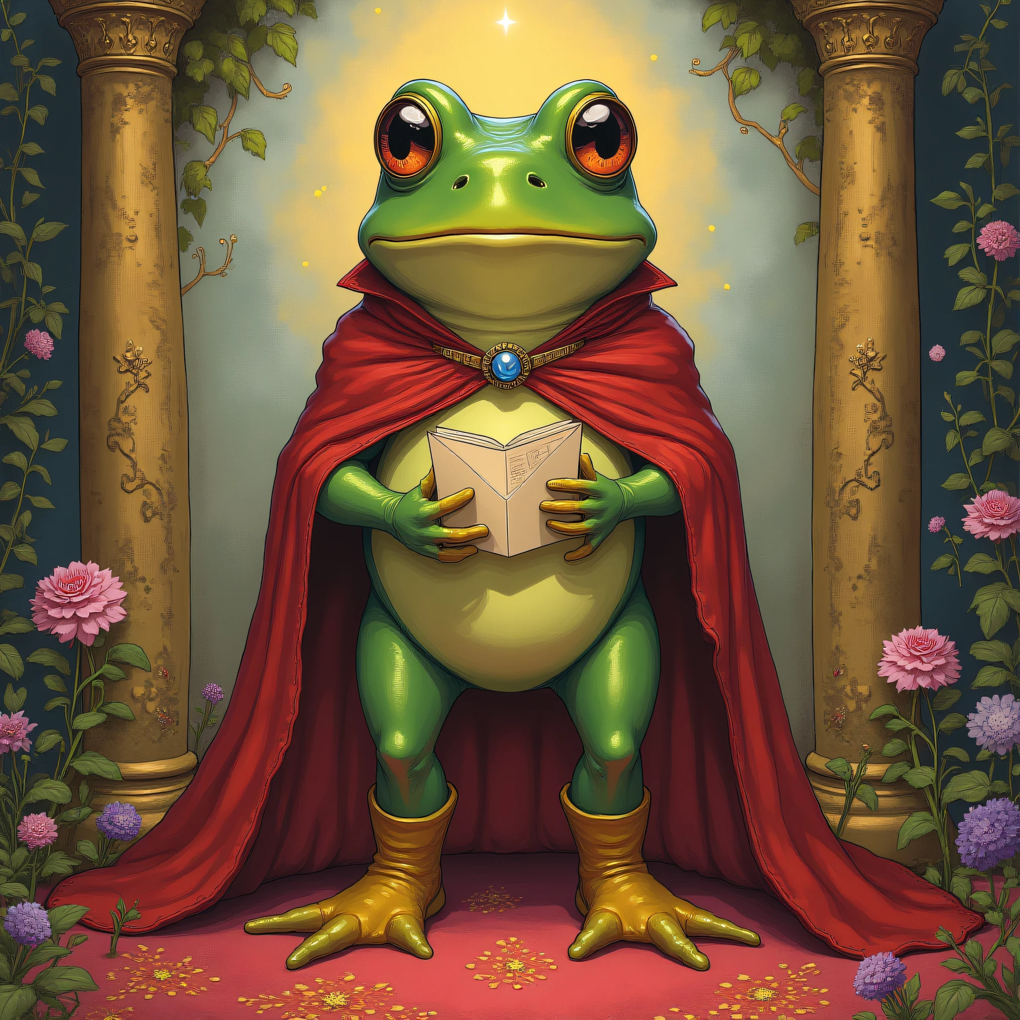 ArsMJStyle, Wonderland, The image shows a frog wearing a red cape and holding a book in its hands standing on a carpeted floor surrounded by plants with flowers pillars and a wall in the background., cape, flower, frog, solo, boots, letter, weapon, envelope, no humans, gloves, 1boy, male focus