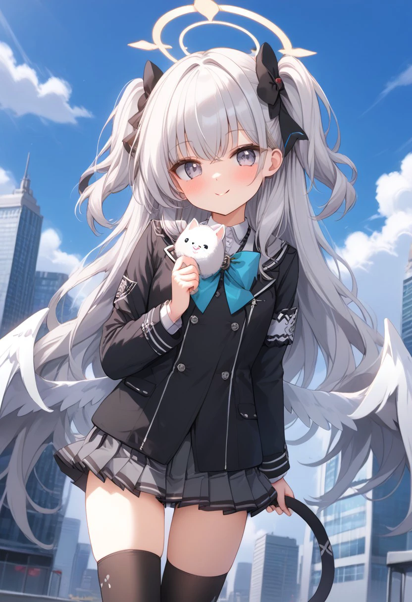 Best quality, ultra HD,source_anime, morizuki suzumi (from blue archive),1 girl, very cute,long white hair,side tail hair,hair white wings,bow tie,gray school trinity vigilente uniform,pleated short skirt,black Thigh high sock, relaxed face,flat expresion , holding white riffle,:o,city distric background