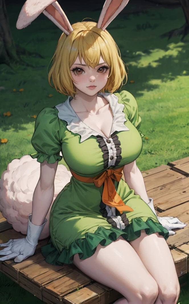 outdoors, lens flare, depth of field, bokeh, vanishing point, solo, looking at viewer, BREAK ((masterpiece, best quality)), 
GreenDress_Carrot_ownwaifu,
1girl, blonde hair, rabbit girl, short hair, furry female, rabbit tail, animal ears, brown eyes, rabbit ears, large breasts, animal nose, body fur, white fur, colored skin,
green dress, puffy short sleeves, cleavage, green skirt, bow, collarbone, white gloves, frills, green shirt, short dress,
(sitting, from above)<lora:ONEPIECE_Carrot_ownwaifu:0.9>, 
 insaneres, absurdres,