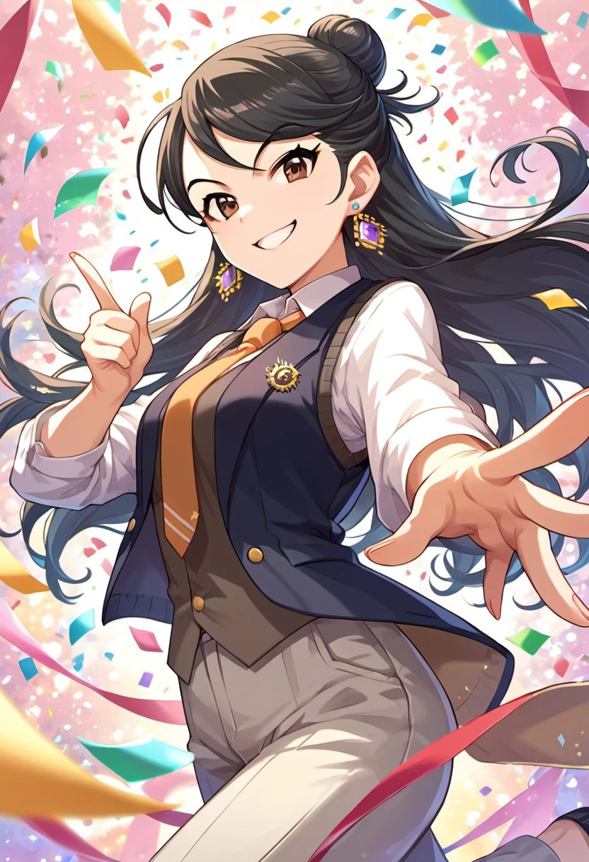 score_9, score_8_up, score_7_up, source_anime,kirino aya, black hair, long hair, brown eyes, 1girl, earrings, jewelry, confetti, necktie, vest, solo, pants, smile, hair bun, pointing, looking at viewer