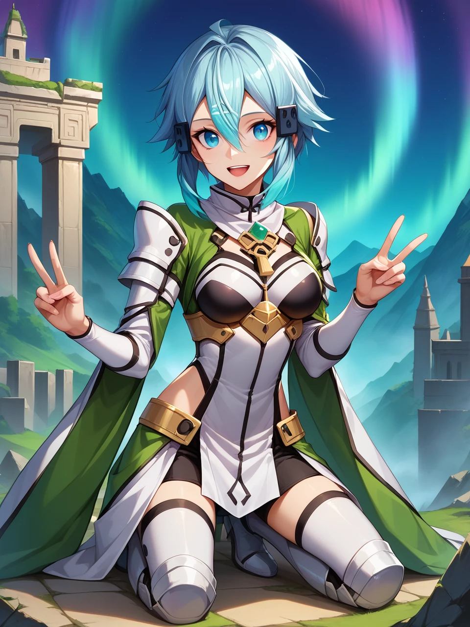 score_9, score_8_up,score_7_up, source_anime, expressiveh
sinon, light blue hair, light_blue_eyes, hair between eyes, hair ornament, hair ribbon,  short hair,
medium breasts,  fingernails,v,  front view, 
  bottomless,   happy, kneeling, armor
Aurora, Temple, Meadow, Riverbank, Cliffside
<lora:Expressive_H:0.2>  <lora:sinon normal 0.6 ext:0.8>