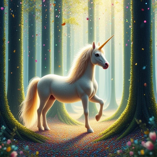 conf3tti, scenery, a unicorn in a forest made of confetti