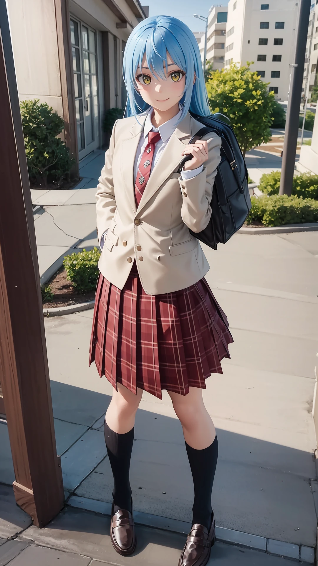 (masterpiece, best quality),ray tracing,absurdres, HDR,rimuru tempest, campus, skirt, 1girl,large breats,blue hair, school uniform, plaid skirt, necktie, long hair, smile, plaid, yellow eyes, bag, jacket,  pleated skirt, full body, socks, , shoes, standing, blazer, looking at viewer, solo,, hair between eyes, loafers, school bag, red necktie, shirt, bangs, brown footwear, kneehighs, black socks, red skirt, white shirt, collared shirt, closed mouth, holding, long sleeves, miniskirt,indoors,<lora:rimuru campus:0.7>