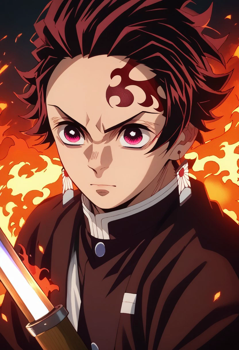 score_9, score_8_up, score_7_up, source_anime, rating_safe, kamado tanjirou, red_Tanjiro_hair, red-white_Tanjiro_eyes, white-red_Tanjiro_earrings, red_Tanji_scar on forehead, 1boy, male focus, anime screencap, holding sword, stylized_Tanjiro_fire,