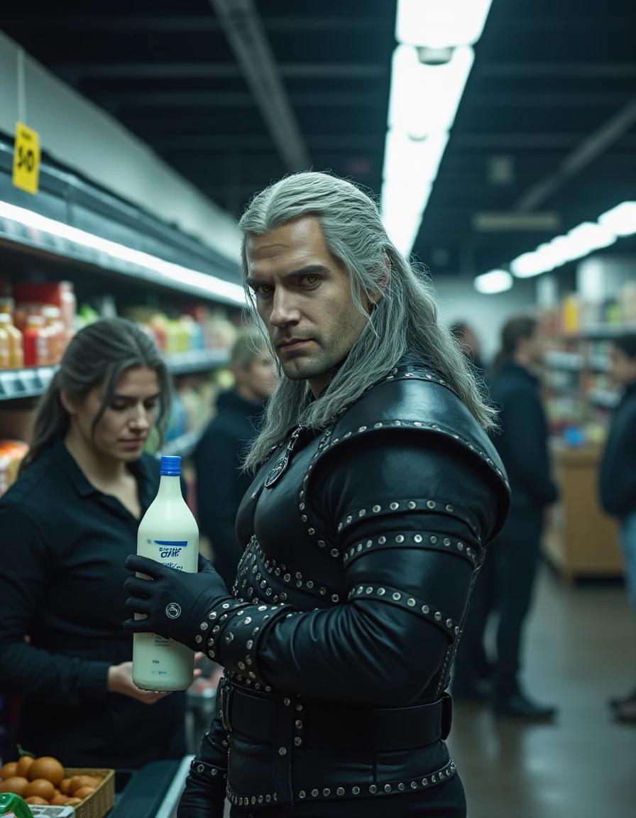 Geralt of Rivia, dressed in his signature black leather armor, standing at a grocery store checkout line. He holds a bottle of milkâwhile the cashier scans each item. The fluorescent lights of the store cast a stark glow, contrasting with Geraltâs rugged and battle-hardened appearance. The scene blends the dark fantasy style of The Witcher with the ordinary setting of a modern grocery store. The tone is both humorous and surreal, with Geraltâs serious demeanor juxtaposed against the normality of everyday life <lora:Henry_Cavill_g3ral7:1> g3ral7