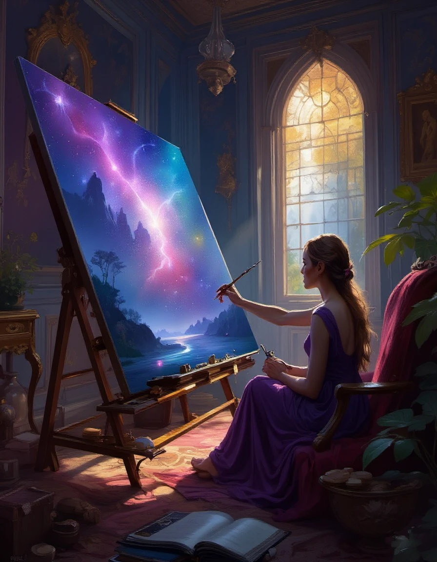 digital painting of an artist at work painting on her canvas easel magical worlds glowing magical energies in front of a bright window 