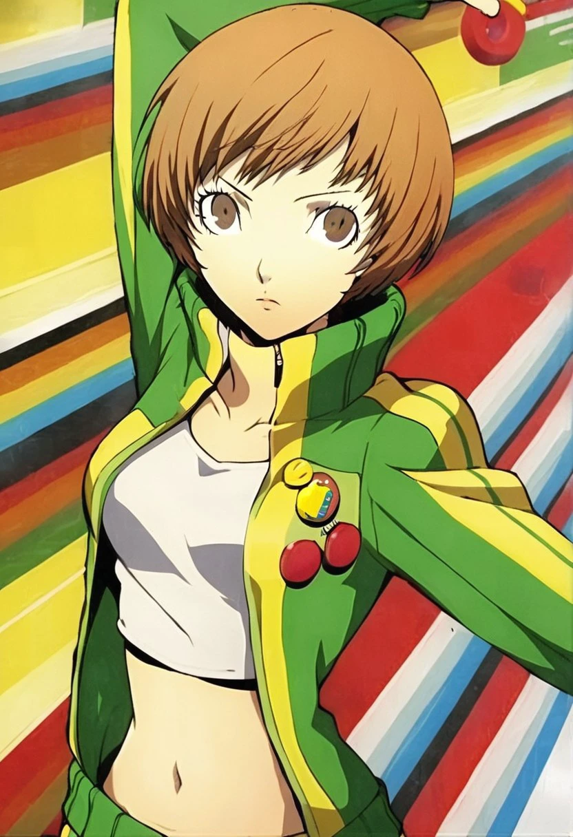 Satonaka Chie, 1girl, solo, short hair, brown hair, navel, brown eyes, green jacket, open clothes, midriff, crop top, white tank top, wristband, track jacket, button badge, persona 4 dancing