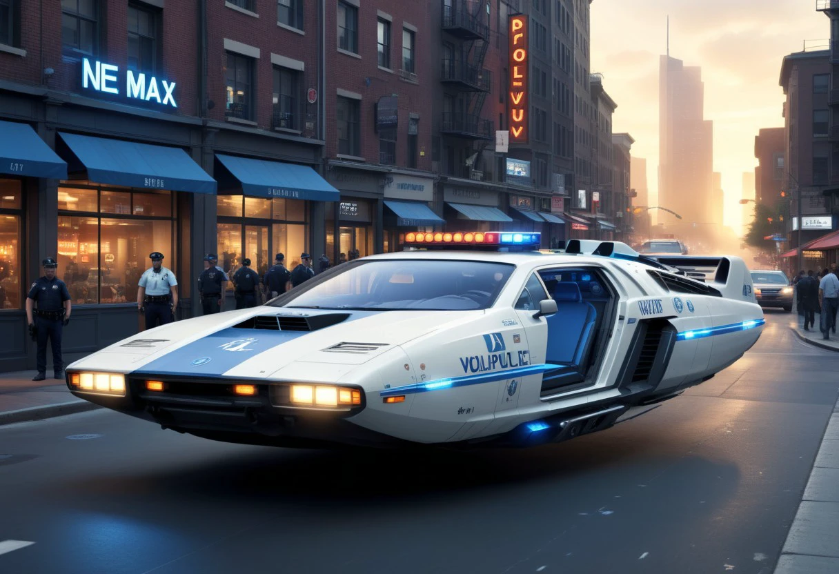 cinematic lighting, night time, volumetric light, imax, dslr, highly detailed, sci-fi, science fiction, cyberpunk, vehicle, white and blue science fiction hovering police car in crowded downtown streets, hovercar, pilot, sunset, soft lighting, hover_car, Hovering police car, wheelless tank, no wheels, after burner, jet propulsion, volumetric fog, dystopian vibes, dutch angle, cinematic angle