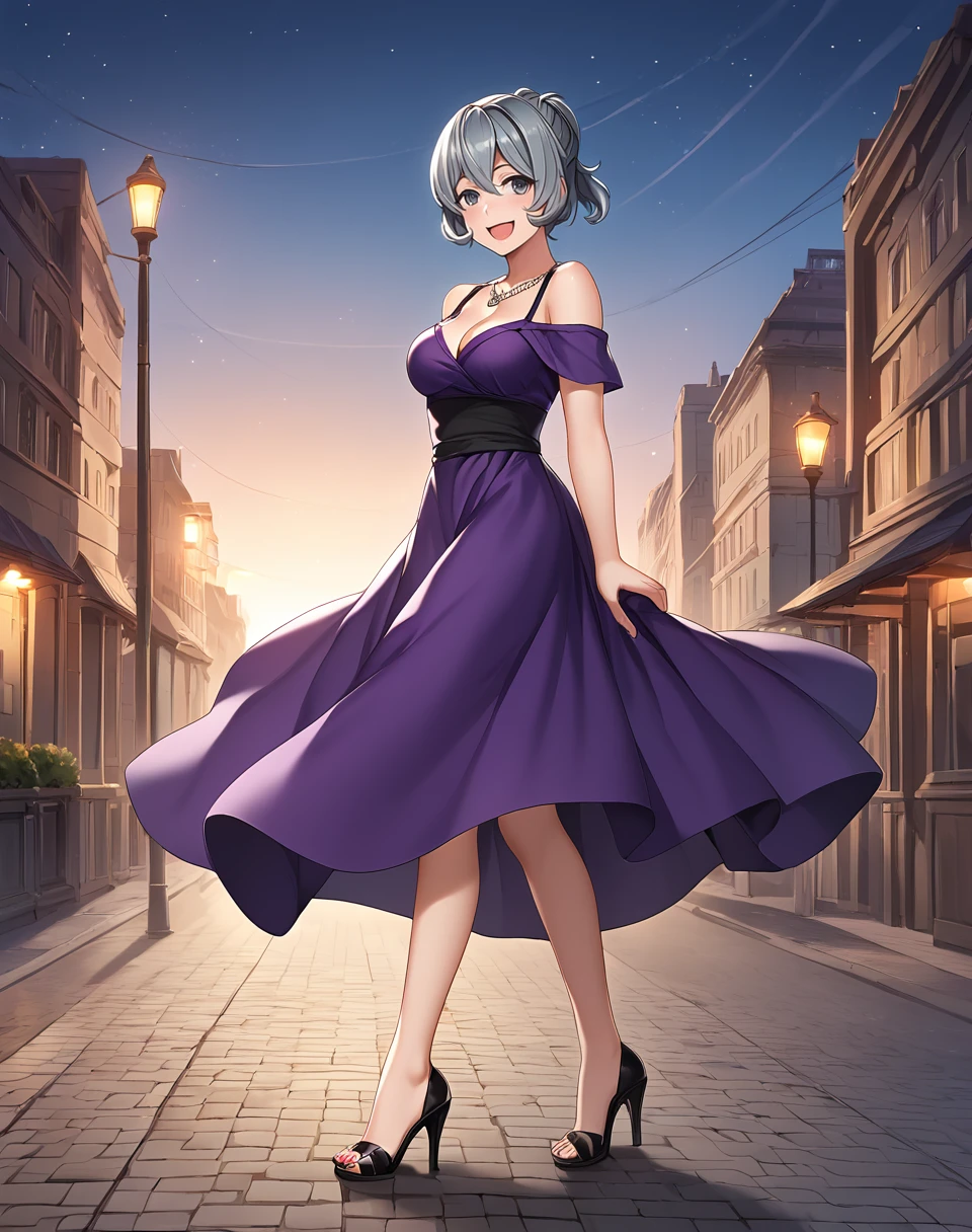 syr_flova, gray hair, medium hair, grey eyes , medium breasts, official art, purple dress, short ponytail, off shoulder dress, necklace, cleavage, long dress, long skirt, large skirt,  BREAK outdoors, city street, dark, night sky,  BREAK dress_tug,wind,wind lift, stiletto heels, from side, looking at viewer, smile, flirty face,open mouth BREAK score_9, score_8_up, score_7_up, source_anime ,zPDXL, perfect hand  <lora:Syr_Flova:0.8>,