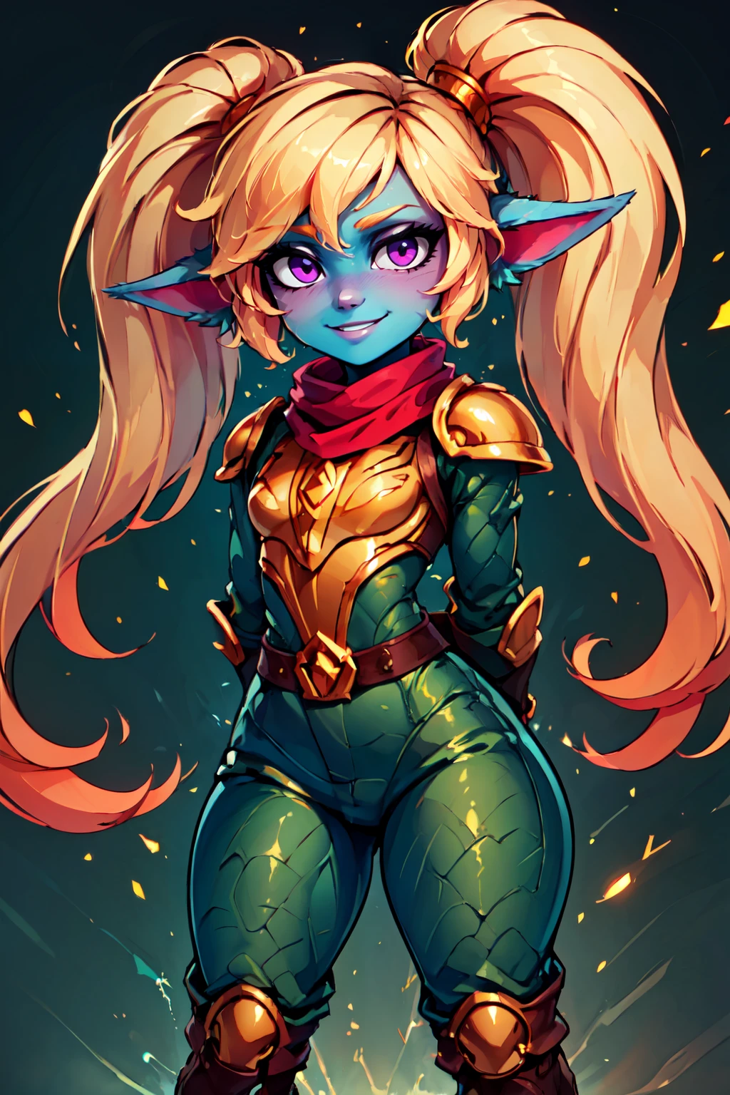 ((masterpiece,best quality)), absurdres,  BREAK, , <lora:Poppy_Leagueoflegends_v2:0.8>,  zzPoppy, yordle, shortstack, purple eyes, blonde hair, twintails, blue skin, golden armor, red scarf, green snakeskin shirt, green snakeskin pants, brown boots, confident stance, energetic pose, standing strong in a vibrant battlefield, magical aura, glowing lights, ethereal atmosphere, (hands behind back), , BREAK, hip to the side, hand on hip, contrapposto,, BREAK, solo, smile, looking at viewer, cowboy shot,