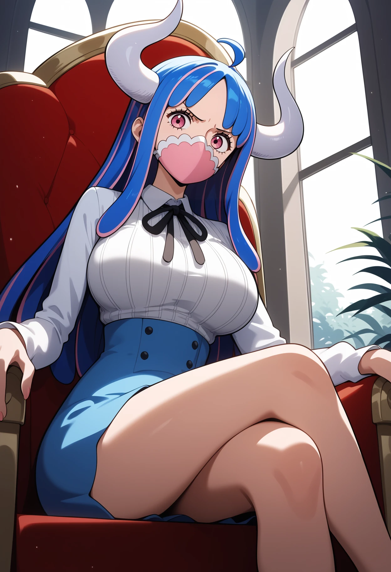 score_9, score_8_up, score_7_up, score_6_up, score_5_up, score_4_up, source_anime, aaulti, long hair, multicolored hair, blue hair, ahoge, horns, pink eyes, mouth mask, pink mask, large breasts, neck ribbon, ribbed shirt, white shirt, long sleeves, high-waist skirt, blue skirt, <lora:ulti_(one_piece)_ponyxl_v1:0.9>, sitting, crossed legs, frown, throne, window,