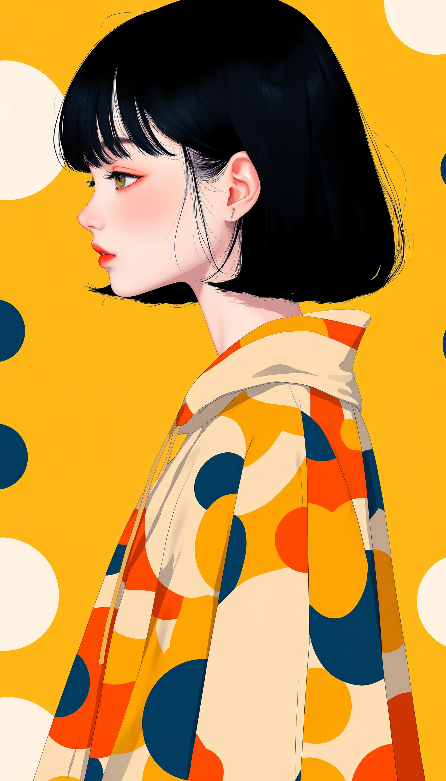 Midjourney_Whisper_Minimal, This is a fantasy-themed illustration featuring a colorful and minimalistic style. The focus is on a cute Japanese girl, embodying the kawaii aesthetic often seen in idols, with an innocent and simple appearance. The artwork emphasizes clean lines, smooth curves, and sleek contours, with bold outlines, crisp shapes, and sharp edges. It is designed in a fashion editorial style, merging high fashion with a trendy, stylish, and professional look. The overall composition is uncluttered, balancing simplicity with high detail, and presented in a way that mirrors the aesthetics of a fashion magazine. A beautiful woman with tiger yellow eyes reminiscent of vintage Western dolls appears. In contrast, her hair is jet black, reminiscent of a traditional Japanese doll. She wears retro yet modern clothing, and her avant-garde collage of fuzzy circles, large and small, inspired by traditional Japanese chiyogami paper, creates a unique, colorful, and distinctive visual. The clothing and background patterns are unique, large and small fuzzy round shapes, and the color schemes are pop, modern, nostalgic, and extremely colorful, making for a fascinating viewing experience.<lora:Midjourney_Whisper_Minimal:1>,