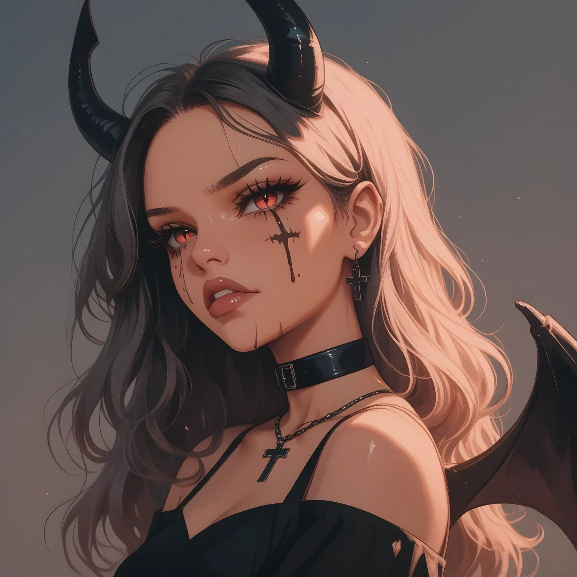 1girl, aesthetic anime girl, demon horns, gothic style, black outfit, choker with pendant, dark makeup, wings,  <lora:Gothic_demon_girl-000003:1>