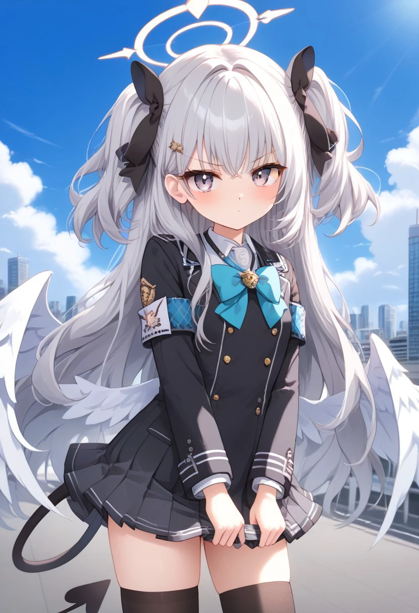 Best quality, ultra HD,source_anime, morizuki suzumi (from blue archive),1 girl,long white hair,side tail hair,hair white wings,bow tie,gray school trinity vigilente uniform,pleated short skirt,black Thigh high sock, serious face,flat expresion , holding white riffle,:o,city distric background