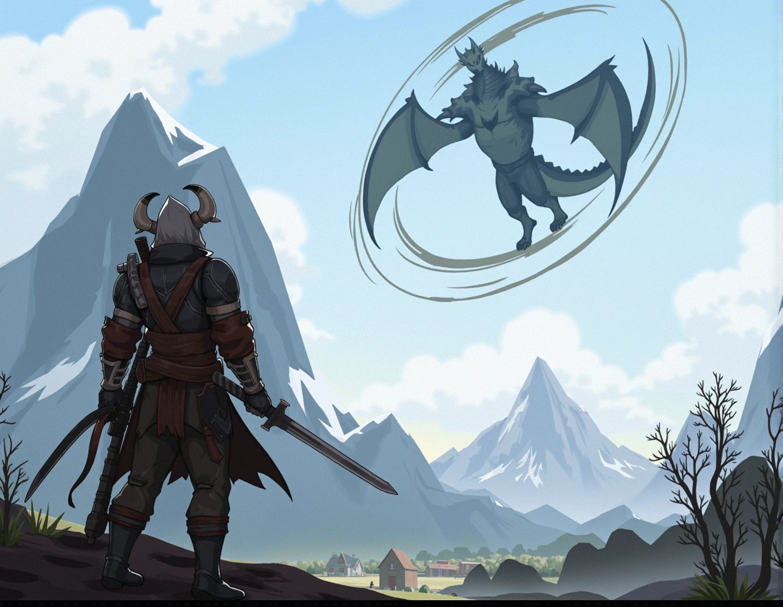 <lora:v15_zzz_comix2_000005750:1> zzzgamecomix style, skyrim themed, a warrior wearing leather armor and horned helmet, 2 swords in hand, looking up at the sky, a dark demonic dragon is flying in the air in circles, snow peaked mountains in background, small village, very detailed, masterpiece, adventurous, cloudy sky, hyenaâââ