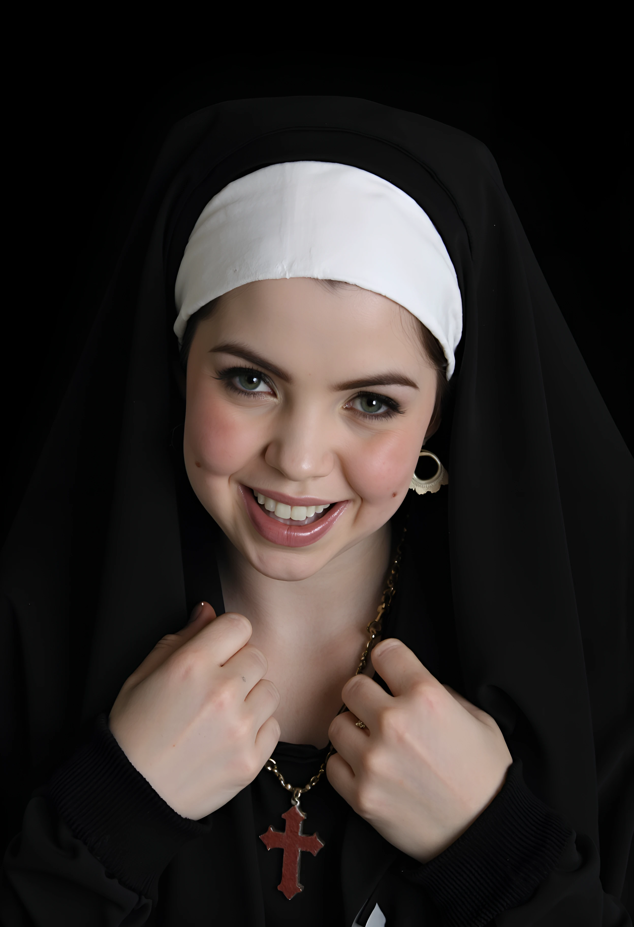 (breathtaking photography of beautiful emma woman wearing a (precious nun costume):1.2),  beautiful detailed face, smiling suggestively at viewer, lipstick, earrings, necklace, freckles, mole, mole on face, cross necklace,  (masterpiece of art, professional studio quality:1.2), (dark background:1.2),  highest quality, 32k, intricate details, realistic, <lora:flux_model_emma_epoch_5:1.5>, <lora:flux_realism_lora:0.8>, , , , ,