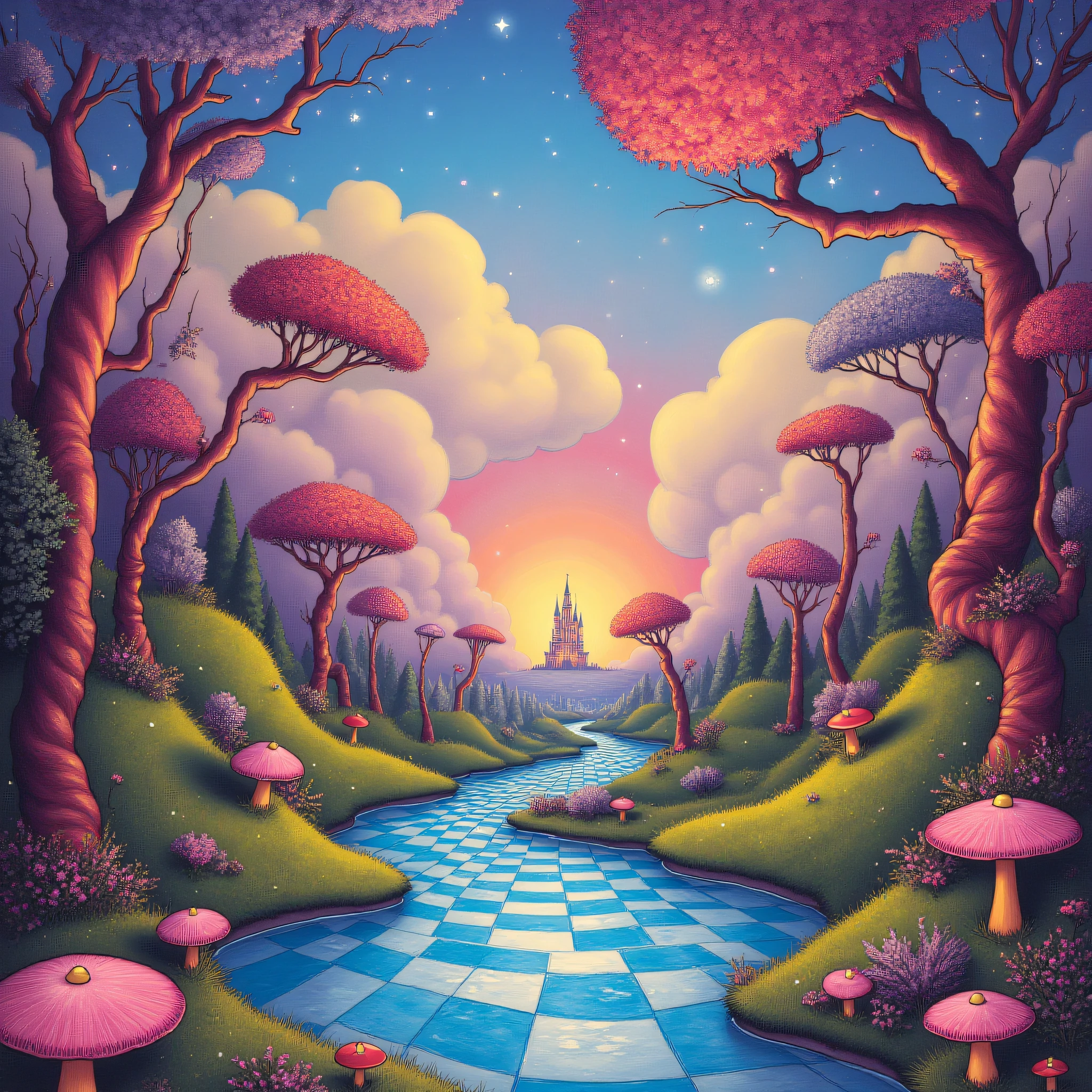 ArsMJStyle, Wonderland, A vibrant, dreamlike landscape with twisted trees, floating teacups, and glowing mushrooms. A river of liquid stardust flows through the scene, with pastel-colored clouds swirling overhead. Giant flowers with faces, chessboard-patterned hills, and a distant castle in the sky complete the surreal wonderland.