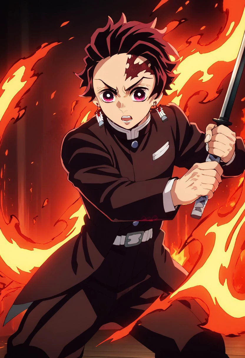 score_9, score_8_up, score_7_up, source_anime, rating_safe, kamado tanjirou, red_Tanjiro_hair, red-white_Tanjiro_eyes, white-red_Tanjiro_earrings, red_Tanjo_scar on forehead, 1boy, male focus, anime screencap, holding sword, stylized_Tanjiro_fire, black-white_Tanjiro_jacket, black_Tanjiro_pants, fighting stance, hands with five fingers, red theme,