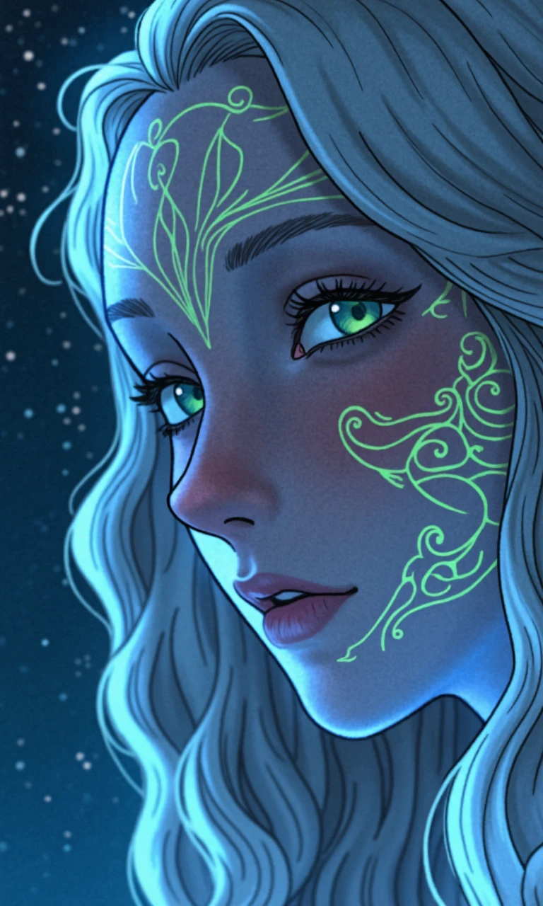 Create a close-up image of a fantasy elfâs face. Her skin glows with a soft, ethereal light and is adorned with neon tattoos that cover her face in intricate patterns. The tattoos emit a magical glow that illuminates her delicate features. Her eyes are large and bright, subtly changing between shades of blue and green, as if holding an ocean within them. Her long, silver hair frames her face, adding a touch of magic to the scene. The background features a starry sky that enhances the dreamy atmosphere , fantasy art