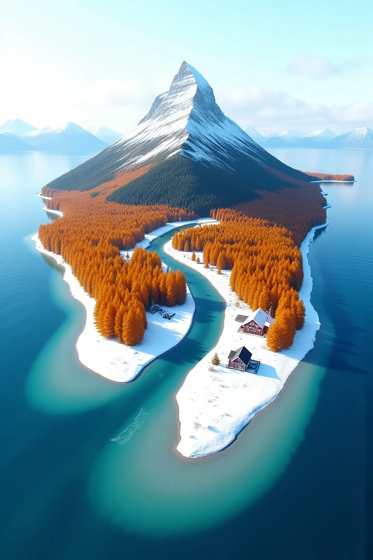 4seasonaerial, island surrounded by water. The triangle island is autumn themed with orange trees. It is surrounded by an ocean. There are houses next to a clove of white frozen beaches. A long river stretches across the island as it comes down from a snow peaked mountain.