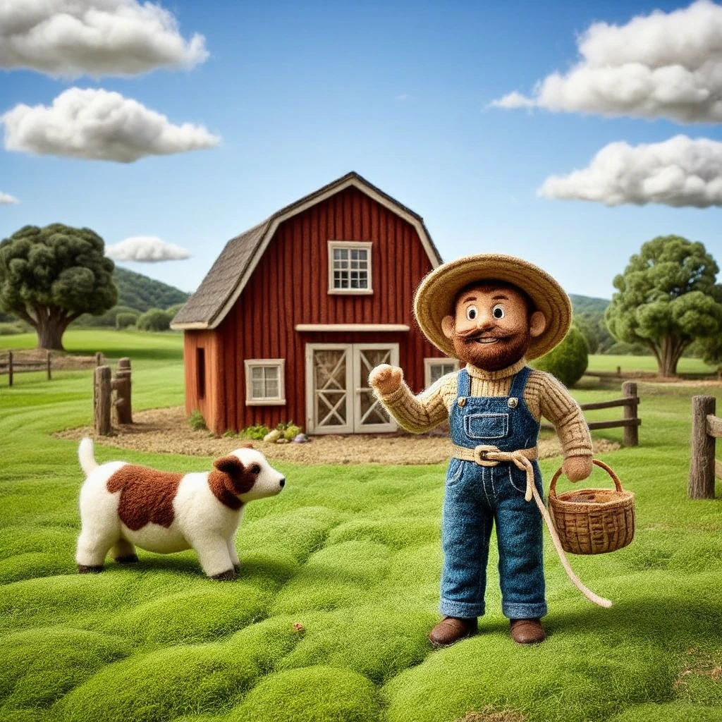  Imagine a muppet-like farmer with a straw hat made of woven yarn and a big, toothy grin, tending to a woolen farmyard. The barn is built from thick, red wool, and around it, muppet-like animals, including a felt cow with yarn spots and a plush pig with a curly yarn tail, frolic in the woolen grass. The farmer proudly holds a basket of colorful felt vegetables, ready for harvest.