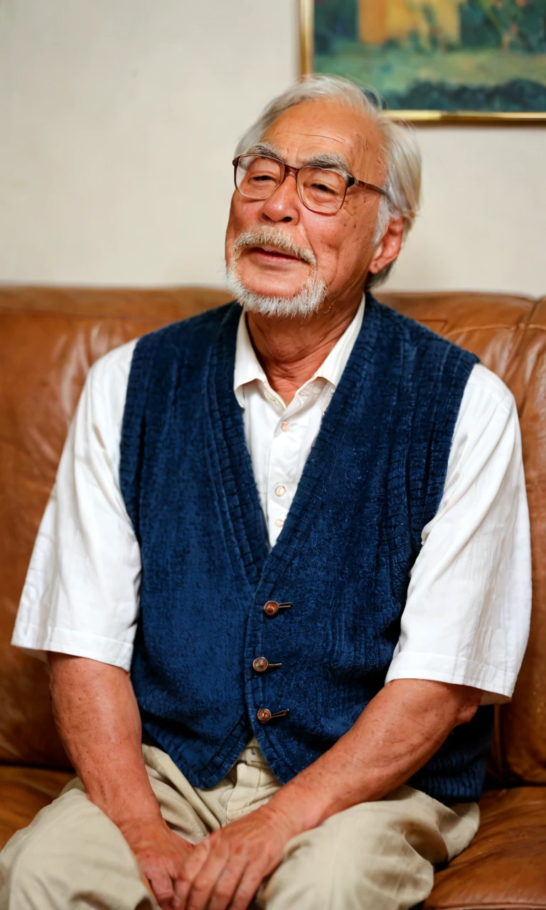 from front,solo,upper_body,score_9, score_8_up, score_7_up, score_6_up,1boy, old, old man,gongqi,wearing(blue Wool vest,white shirt),sitting on sofa,indoor<lora:EMS-468656-EMS:0.800000>