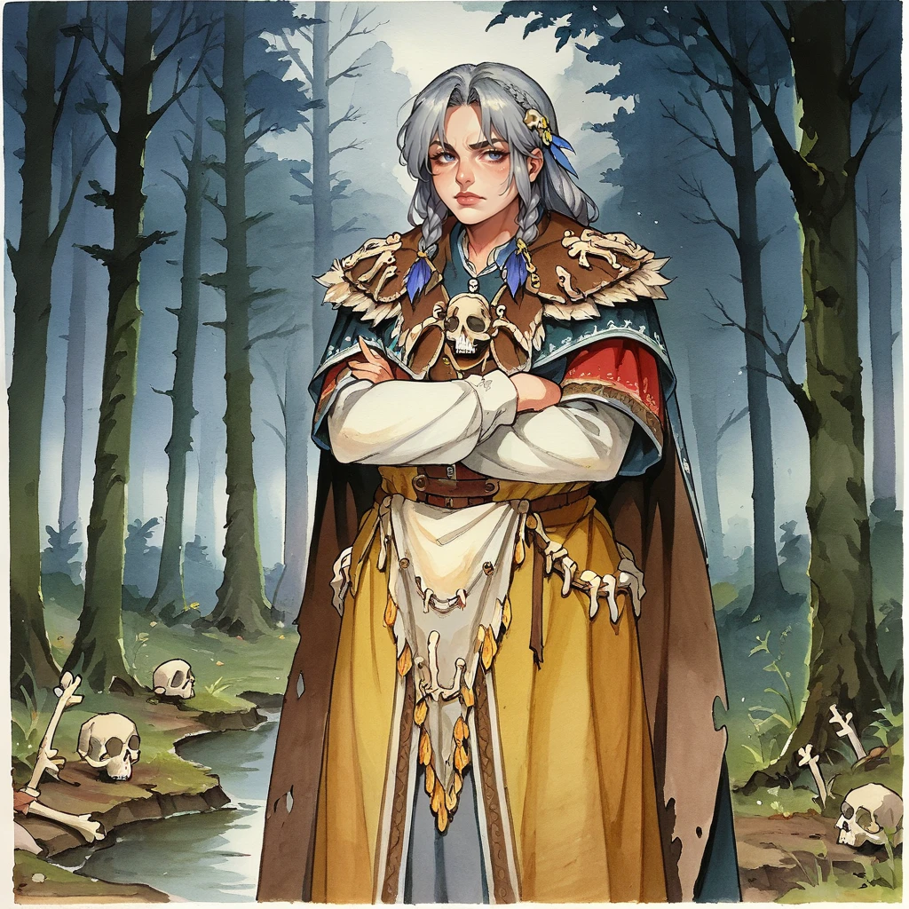 score_9, score_8_up, score_7_up, 2d, watercolour, traditional media, simple background, detailed,
KislevHagWitch, mature female, curvy, grey hair, hair ornament, braid, cape, crossed arms, feathers, bone jewelry,
forest background, dark forest, fog, night,
<lora:Hag_Witch:0.8>