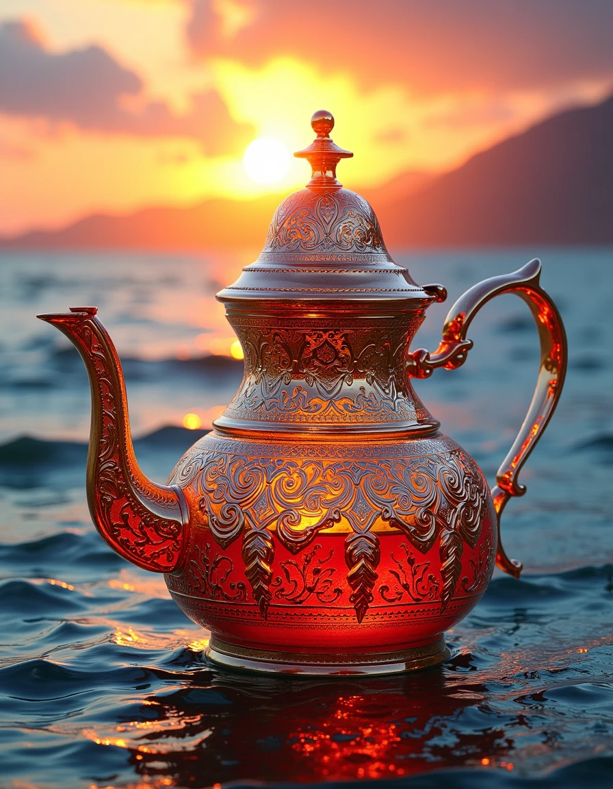 ethereal fantasy concept art of  teapot, RAW photo, title text "ATAI FLUX" , masterpiece, Belle Époque (crunch:1.1) , intricate details, at Sunrise, Very wide view, landscape art by Jack Hughes, marine art, seascapes, <lora:Atai:1> adrr-t, contemporary, dynamic background, professional fine composition, complex, highly color focused, rich deep colors
 . magnificent, celestial, ethereal, painterly, epic, majestic, magical, fantasy art, cover art, dreamy