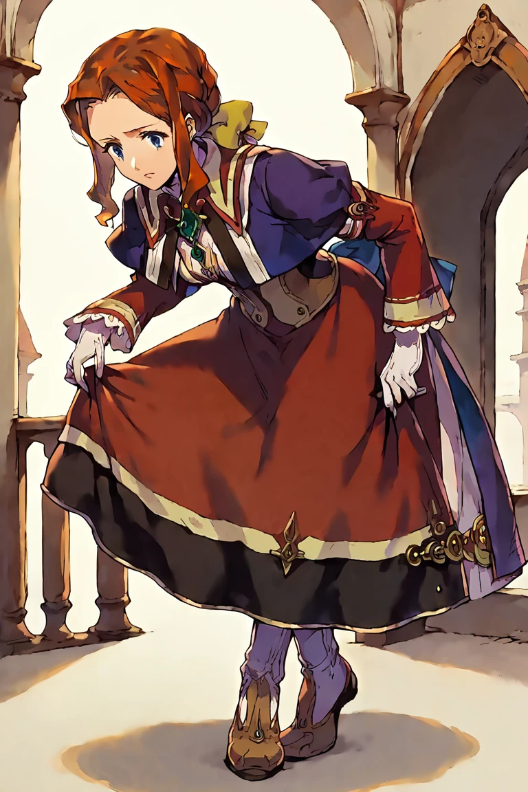 score_9,score_8_up,score_7_up,source_anime,palace,labryna,bow,brown_hair,blue_eyes,gloves,<lora:labryna9:0.9>,skirt hold bowing,crossed legs,leaning forward,<lora:skirt_hold_bowing_d16:1>,