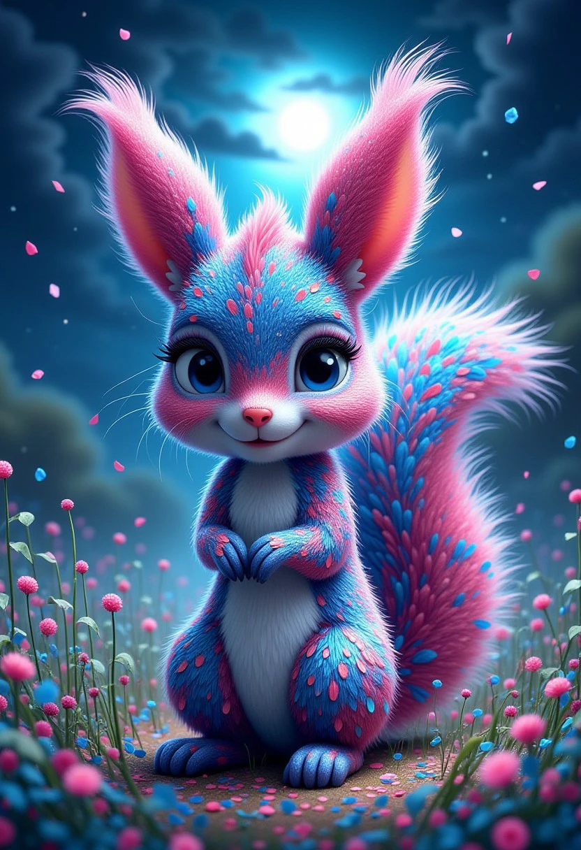 conf3tti,  cute squirrel made of confetti with pink and blue fur, big eyes, fantasy, whimsical, vibrant colors, moonlit night, field