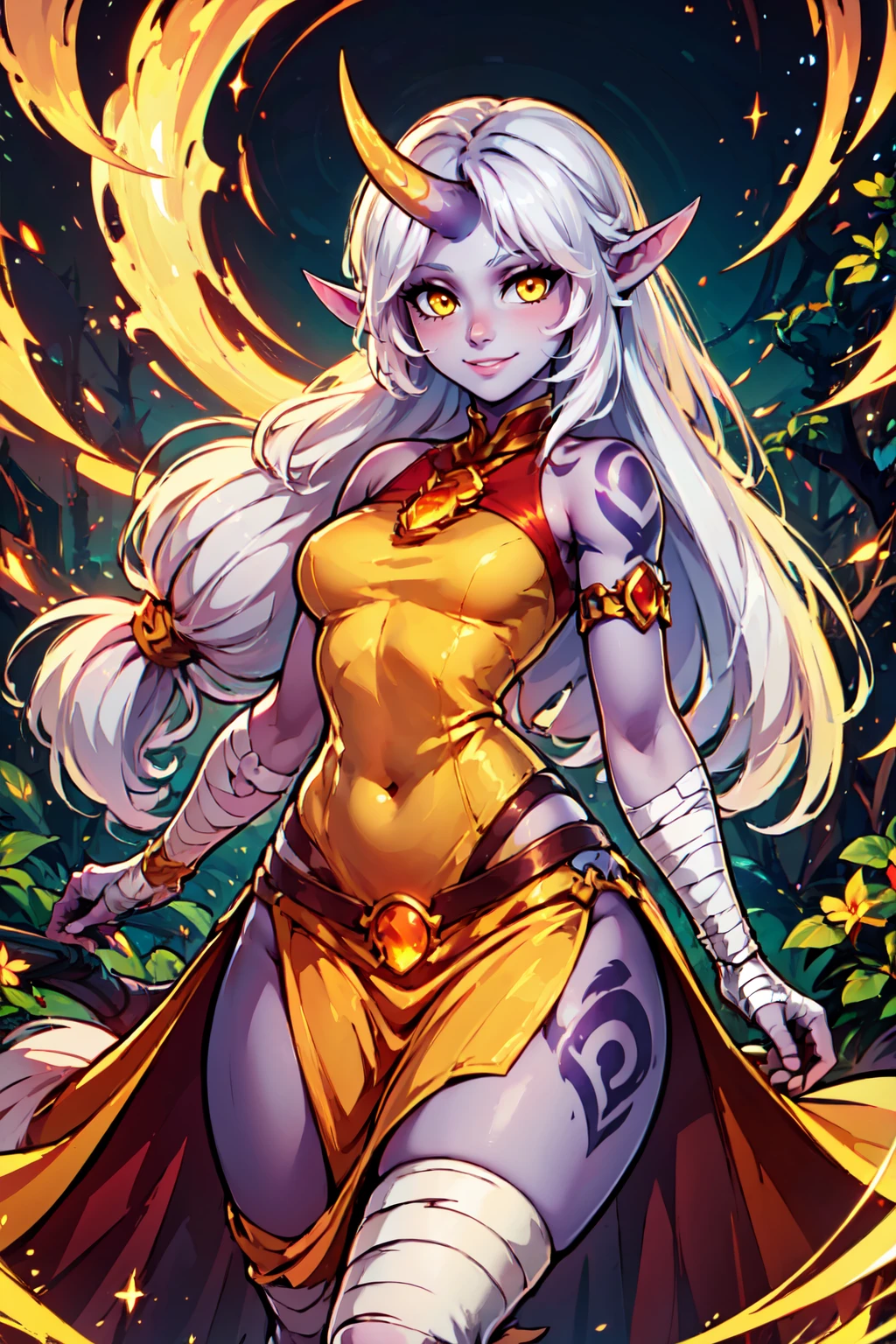 ((masterpiece,best quality)), absurdres,  BREAK, , <lora:Soraka_Leagueoflegends_v2:0.7>,  zzSoraka,  purple skin, white hair, long low-tied hair, sidelocks, yellow eyes, pointy ears, single horn, full-body tattoo, bare shoulder, yellow jewel, red cropped top, yellow dress, armlet, bandaged arm, bandaged leg, goat hooves, magical aura, ethereal forest, glowing lights, moonlit night, mystical theme, dynamic pose, elegant stance,  <lora:SorakaLoLXLv2 - by KillerUwU13_AI:0.8>,  BREAK,  smile, looking at viewer, , BREAK, side view, hip to the side, contrapposto,, BREAK, solo, smile, looking at viewer, cowboy shot,